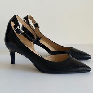 Franco Sarto Black Leather Ankle Strap Pumps Women’s 8.5 Pointed Toe Low Heel